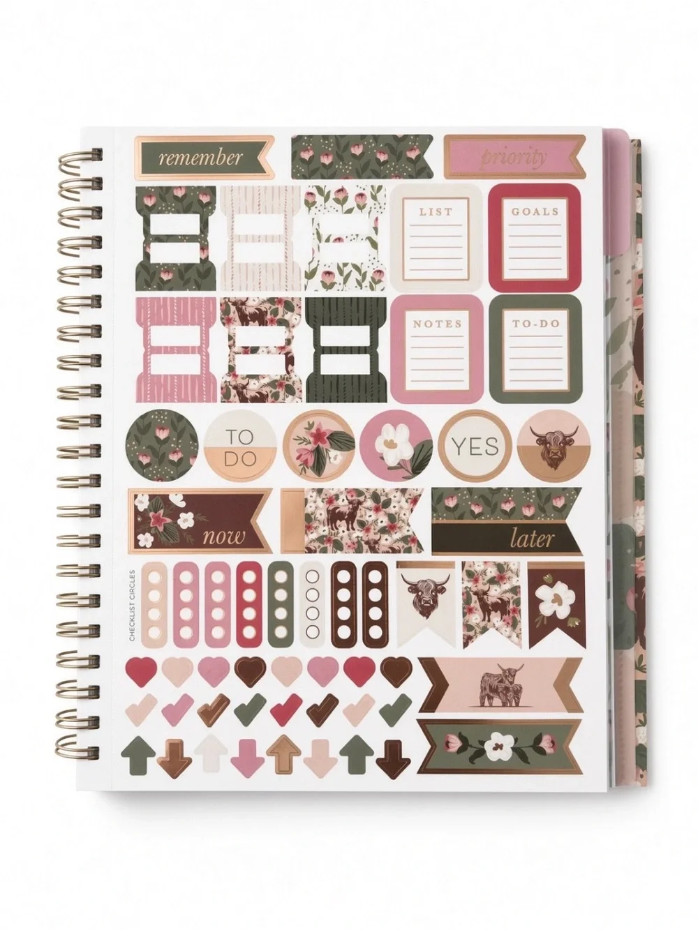 James Burke Highland Cow 5-Subject Spiral Notebook Floral Stickers NEW